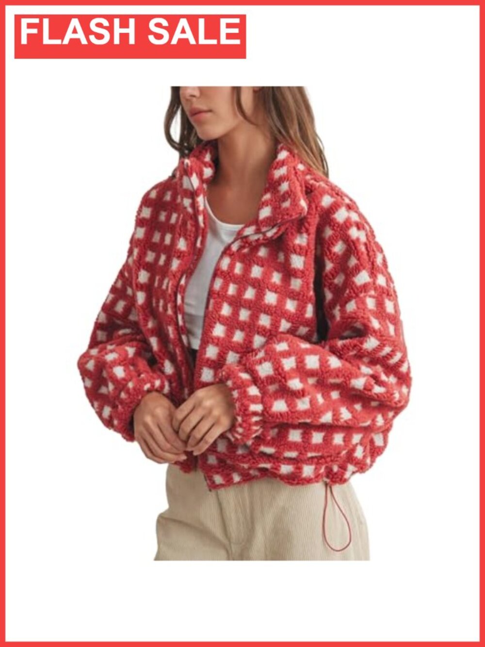 Womens Cropped Sherpa Fleece Jacket Zip Up Plaid Gingham Casual Coat